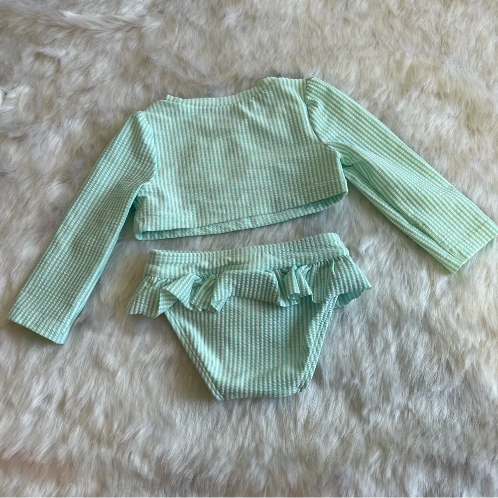 Cat & Jack Girls Long‎ Sleeve Striped Strawberry Two Piece Swimsuit Blue 18 M